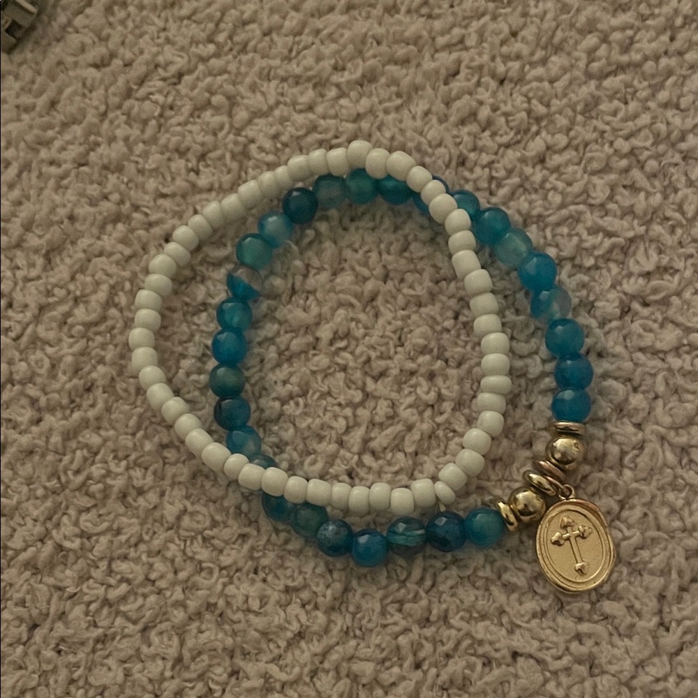 Blue and White Beaded Bracelet Set